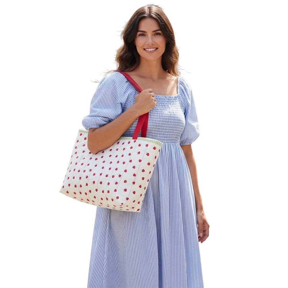 Strawberries & Gingham Handmade Tote Womens Handbag White Green Red